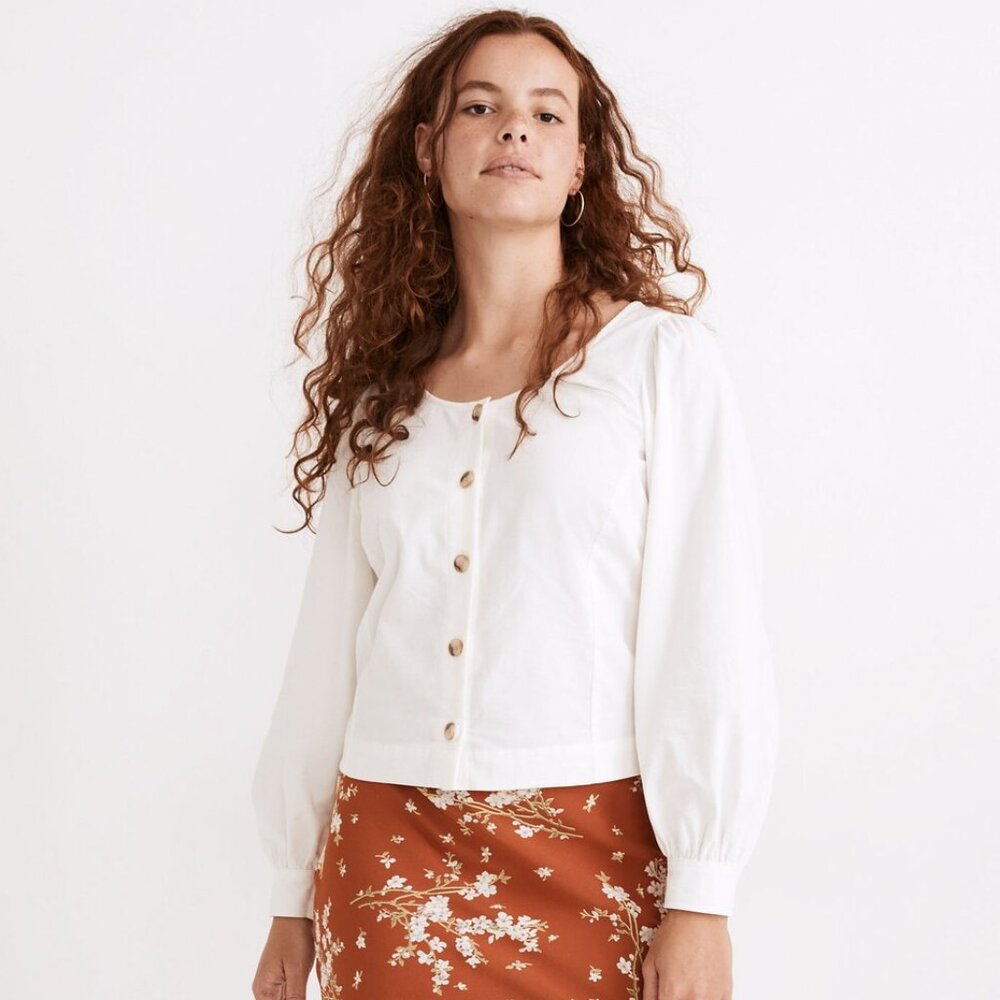 Madewell Off-White Corduroy Shirred-Sleeve Button-Front Top, Size Medium